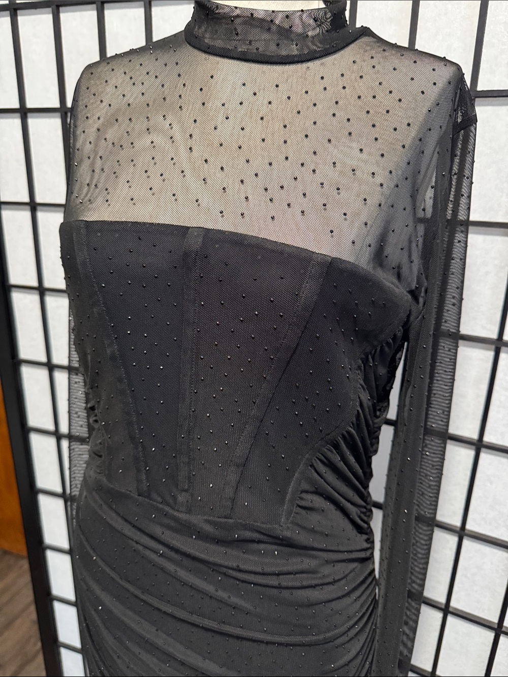 Black Halo Lexington Sheer Rhinestone Ruched Gown Size 12 - Picture 6 of 16
